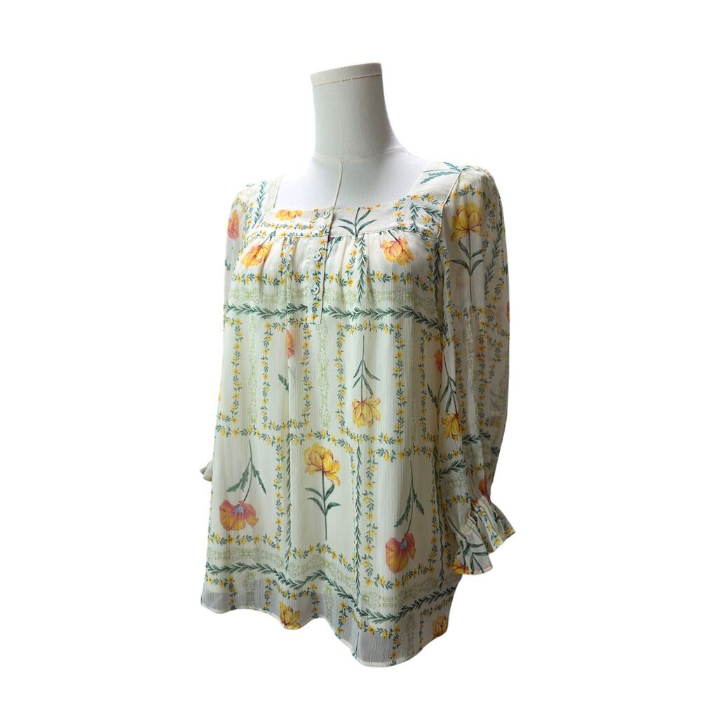 NWOT LAUREN CONRAD Floral Square-Neck 3/4 Sleeve Green Garden Peasant Top